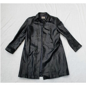 Vintage Leather Black Long Line Plus UK20 US 16 Full Length Trench Coat 90s Y2K